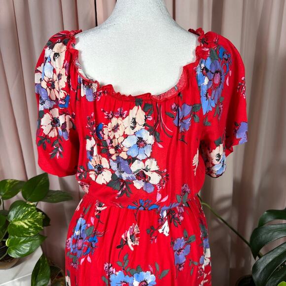 Band of Gypsies Floral Boho Maxi Dress XS Red Viscose Peasant Puff Sleeve Lace - Picture 4 of 12